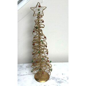 Vintage Gold Tone Metal Spiral Wire Christmas Tree Top With A Star Colored Bead